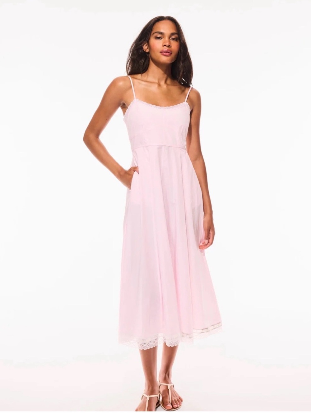 LoveShackFancy Sandara Pink Lace-Trim Midi Dress